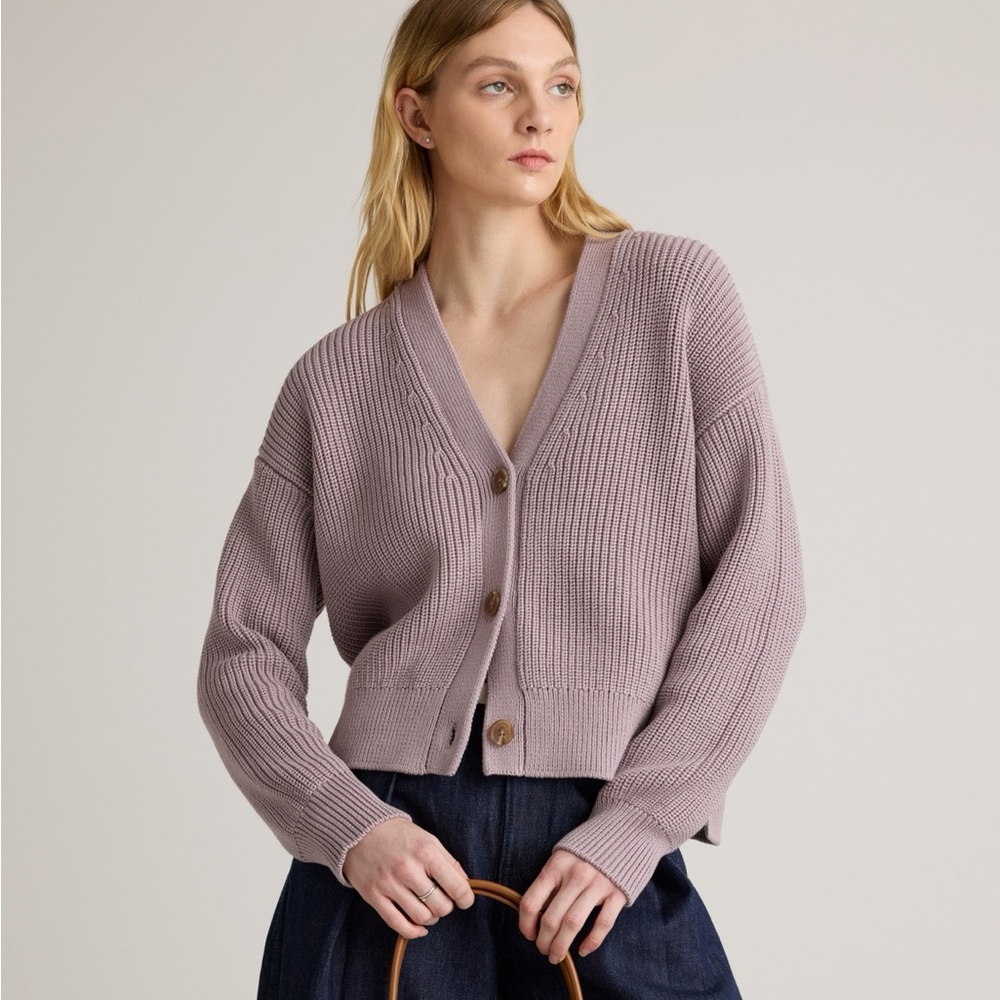 Quince 100% Organic Cotton Fisherman Boxy Cropped Cardigan in vintage rose